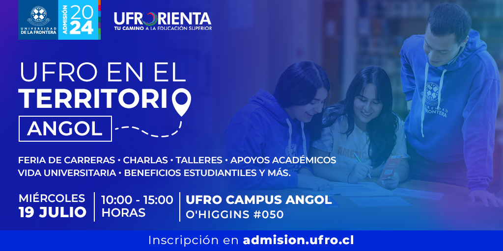 UFrontera's tweet photo. Si eres estudiante o egresad@ de enseñanza media de Angol o sus alrededores, te invitamos este 19 de julio a “UFRO en el Territorio” en el Campus UFRO Angol💙
Para asistir sólo debes inscribirte en: https://t.co/b794y9riUz 📲 #Admisión2024 #UFRO #Angol #UFROrienta https://t.co/d2NpAjvb82