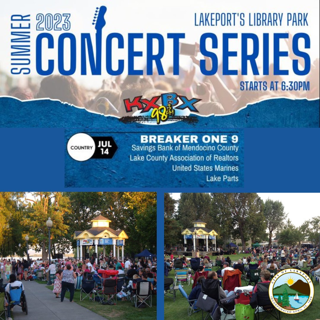 CityofLakeport's tweet image. Country music fans should be looking forward to tomorrow’s free concert at @LibraryParkLP! Breaker One 9 plays a cool variety of contemporary, outlaw and classic #country music! Check their website for more info @ breakerone9.live #LakeportCA #SummerConcertSeries