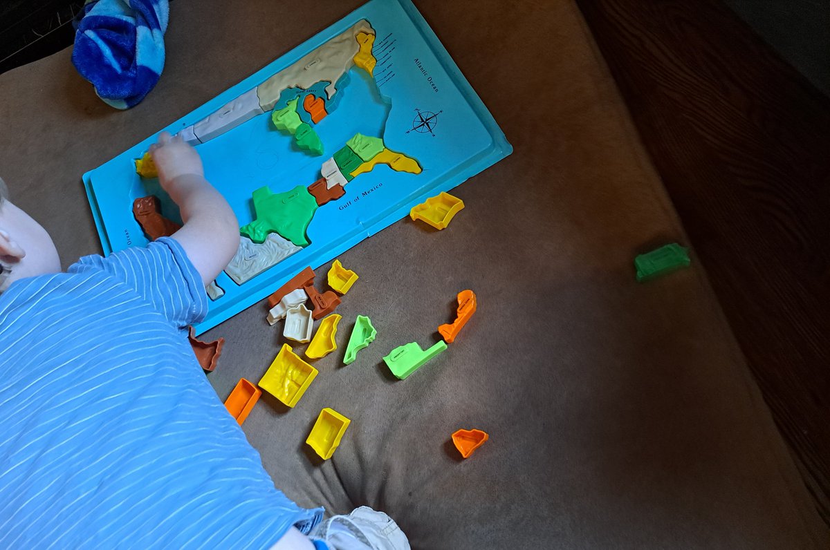 The three year old had been doing this puzzle 2 or 3 times a week for about 6 months. Ensuring another generation has an inaccurate understanding of the shapes of Michigan, Wisconsin, West Virginia, Delaware, Pennsylvania, and all of New England.