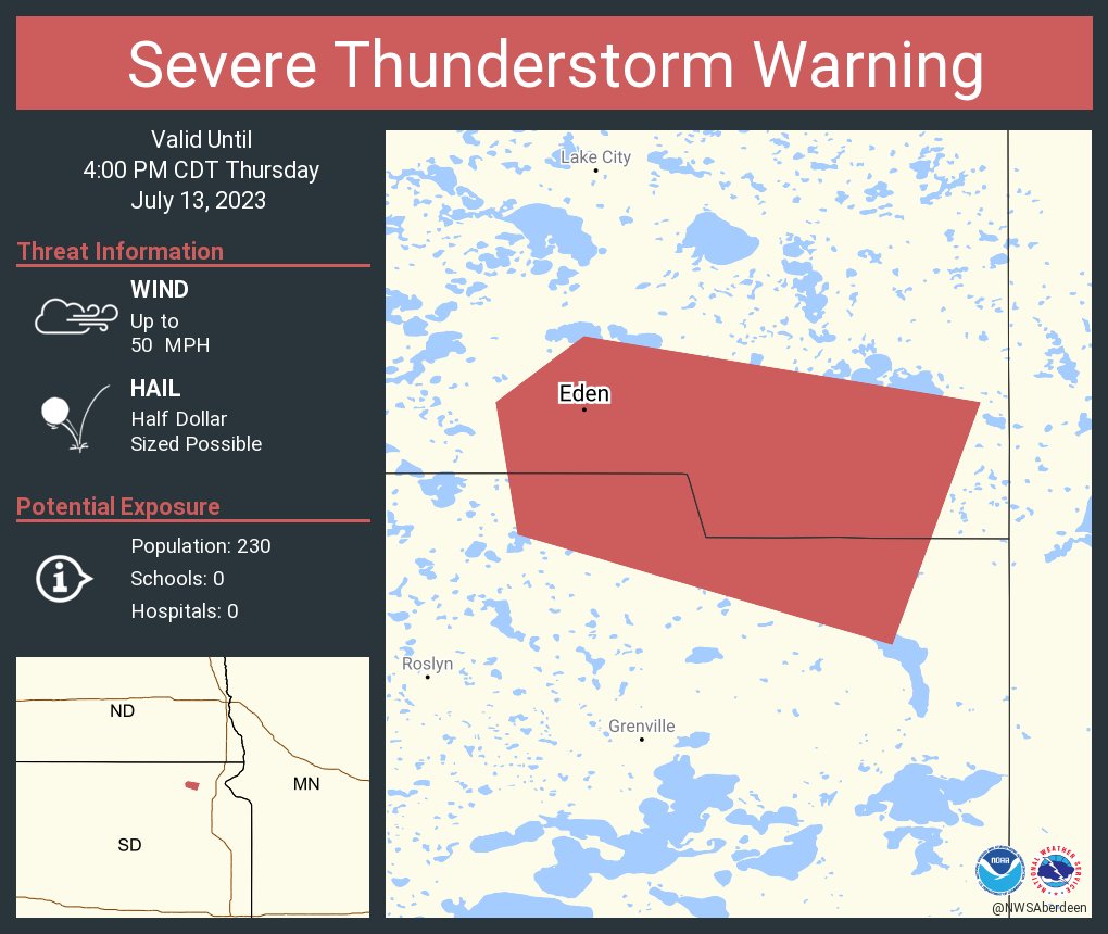 NWS Aberdeen on Twitter "Severe Thunderstorm Warning continues for Eden SD until 400 PM CDT