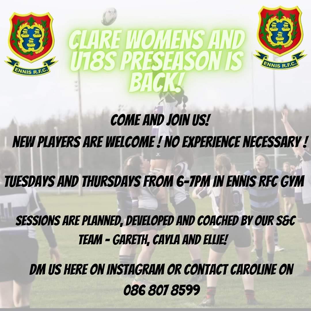 garohanlon's tweet photo. Anyone interested in playing ladies rugby? Please come to our 6 week strength and conditioning course every Tuesday and Thursday 6-7 @EnnisRugby @MunsterWomen @ClareEcho @ClareChampion @ClareFM @MJCRugby @CathalCroweTD https://t.co/oF2HQVapGw