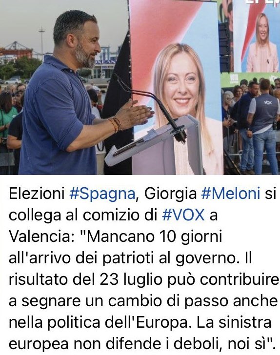 Il programma di VOX  viola almeno 25 articoli della Costituzione Spagnola, é per l’abrogazione di partiti democratici, é contro la parità di genere etc..
Il Presidente del Consiglio Italiano partecipa alla sua Campagna elettorale.
Forse non si rende conto di quel che fa.