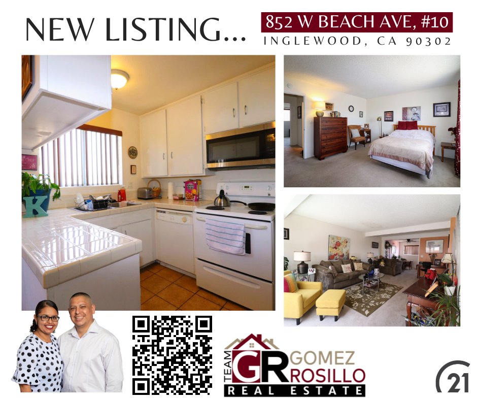 #NewListing in the #CityofInglewood.
This beautiful #condo could be your first #RealEstate #Investment. #Donthesitate! It #features #2beds, 1.5 Baths, #PrivatePatio, #CommunityPool, and #Parking. Please #share this with #family, and #friends.
#TeamGomezRosillo #Century21Peak