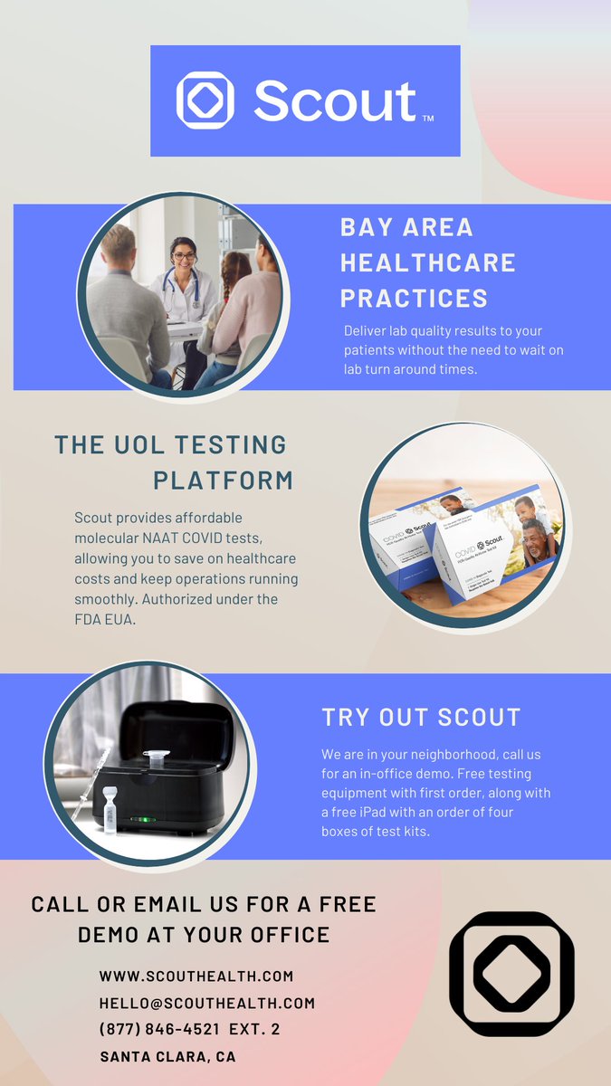 TryOutScout's tweet photo. 🧬 Attention Bay Area Healthcare practices!

Are you looking to revolutionize your healthcare practice with faster, PCR-quality COVID-19 test results?

Look no further than Scout, based in Santa Clara, CA! We are offering in-office demo's of our UOL Test platform free of charge! https://t.co/KDxZTs8Eat