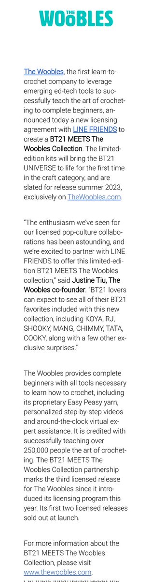 BTSMerchUpdates's tweet photo. BT21 x Woobles collection crochet kits coming Summer 2023

Exact launch date not announced yet 
🔗 https://t.co/AvWgEGKuI9

🔗 https://t.co/6GhUNtoYBZ https://t.co/9uOtEPAZeq