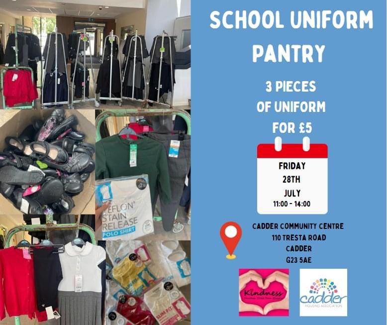 BACK TO SCHOOL ✏️📕 The School Uniform Pantry is returning to the Community Centre!!! 3 items for £5 📅 Friday 28th July 📍 Cadder Community Centre, 110 Tresta Road, G23 5AE 🕒 11:00 - 14:00