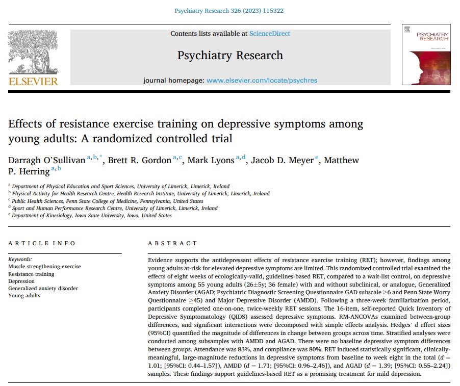 Darragh_Sully's tweet photo. New publication from my doctoral research on #exercise for #depression is out in Psychiatry Research! 

Our findings support resistance exercise training as a promising treatment for subclinical/mild depression 🏋️‍♀️🧠

https://t.co/zBsmikSV2c

Brief summary of findings below.. https://t.co/LDC9k3zExQ