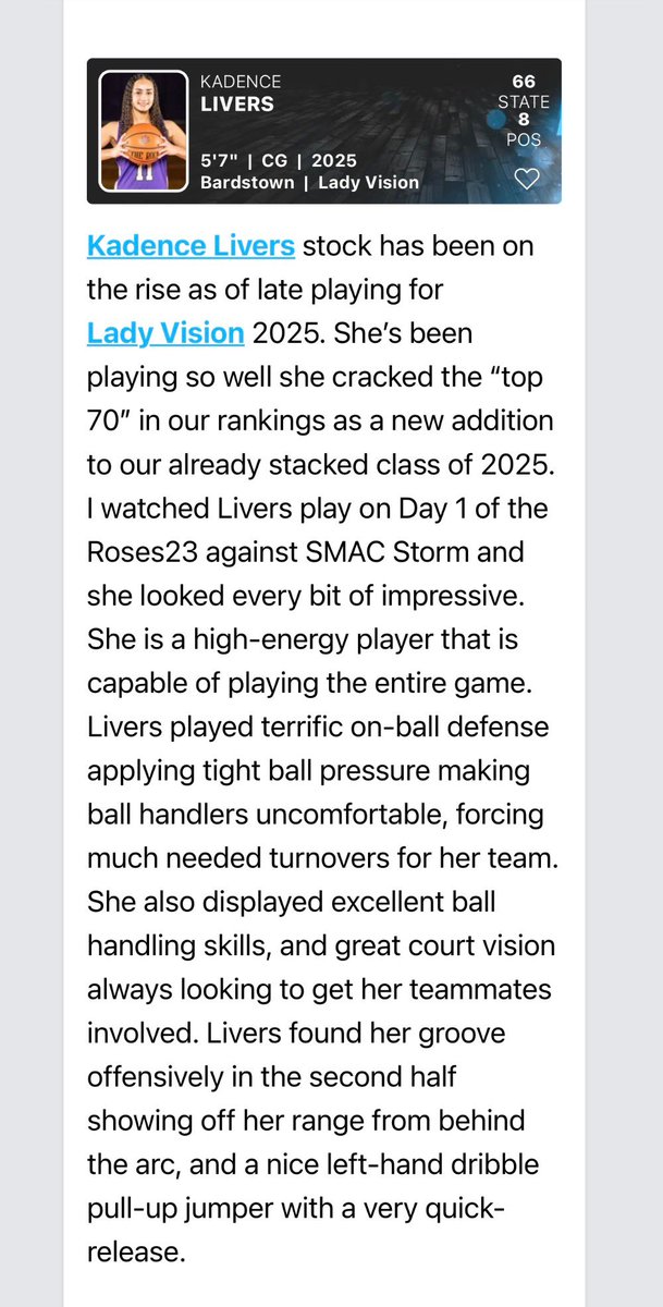 kadence_livers's tweet photo. Thank you @PGHKentucky for the write up and coming to watch us play!

@LadyVisionHoops @2025_LadyVision @alyxwhite_ @PGHAkeem @riseupsports1 https://t.co/3sgheLN3LC