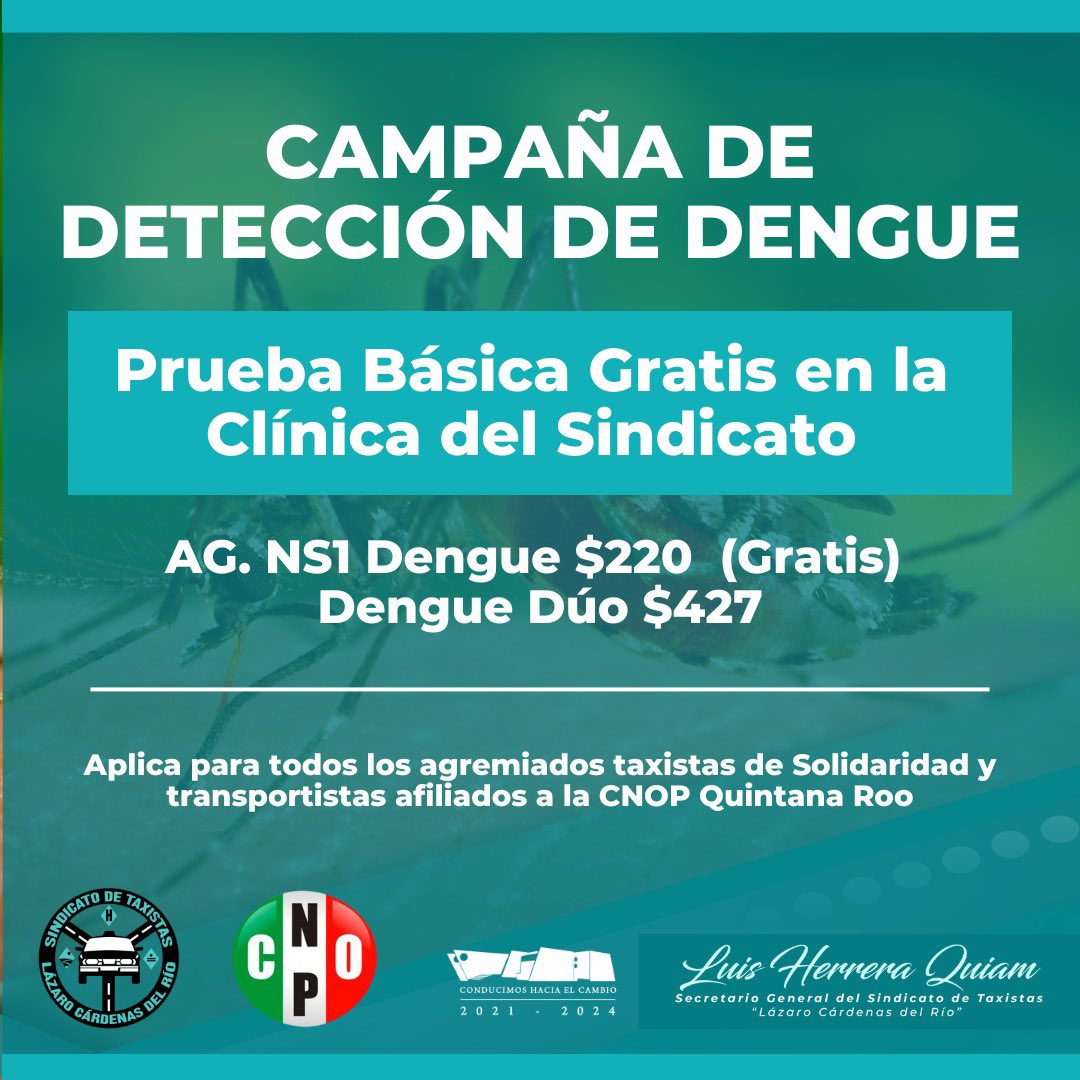 “Campaña de detección de dengue”

Av. Juarez entre av 40 y av 35 Colonia centro, Playa del Carmen.
Prevención para la una salud plena 
#CNOP