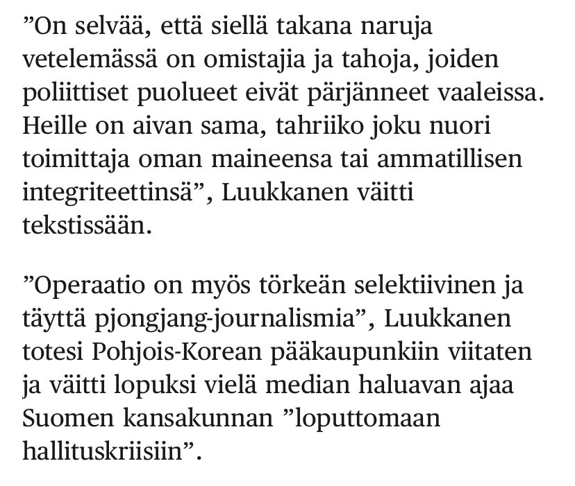 Tällaiseen retoriikkaan mediasta kansan vihollisena törmää yleensä autoritaarisissa maissa, ei liberaaleissa demokratioissa. Valitettavasti Trump oli valtavirtaistamassa kieltä omalla presidenttikaudellaan. Nyt hallituspuolue valtavirtaistaa sitä Suomessa.
hs.fi/politiikka/art…