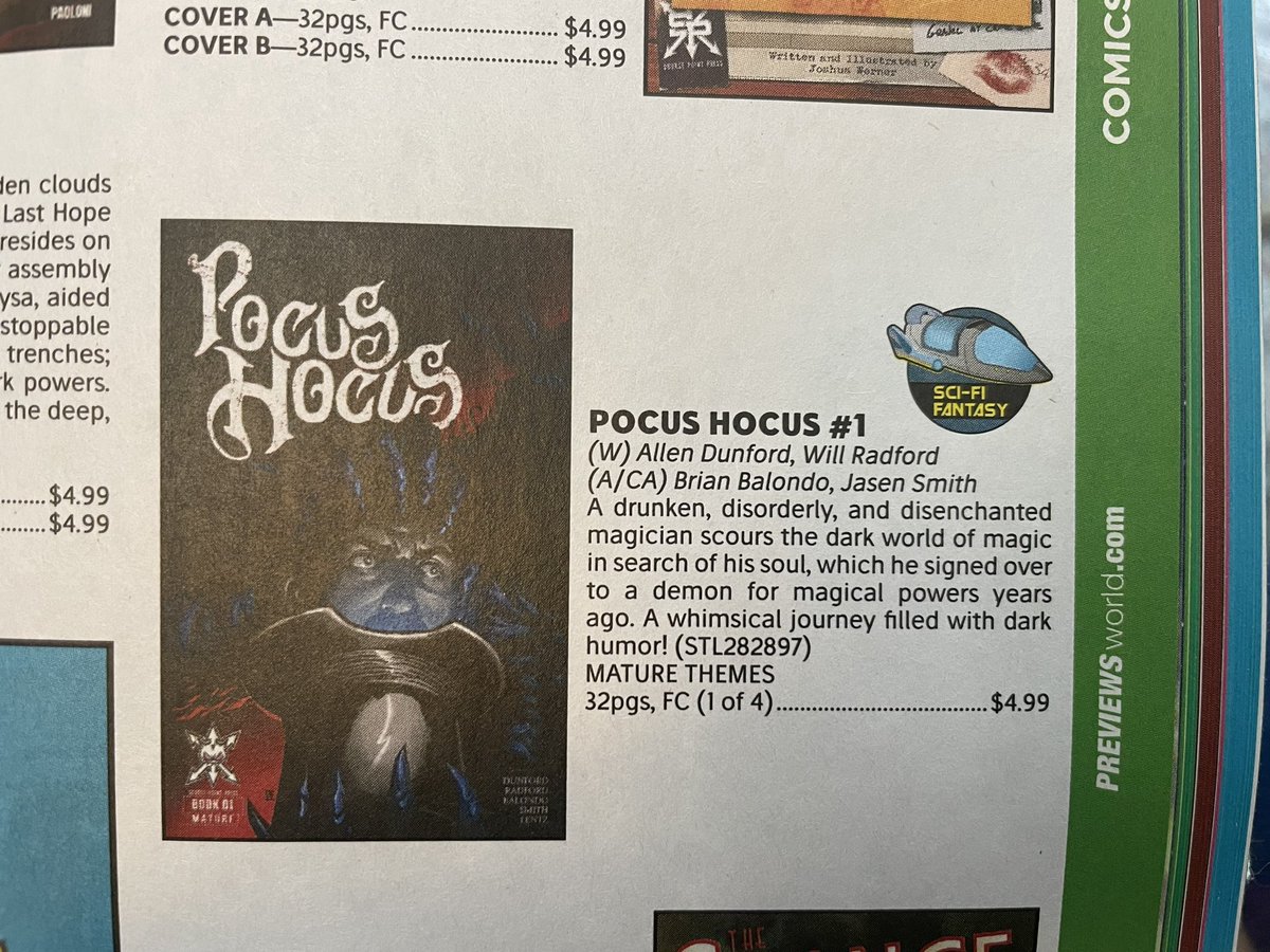 Hey all! We made it into Previews! Thank you to every who has helped us along the way! Get your copy of Pocus Hocus Issue 1 on October 25th! CLICK HERE OR GO TO YOUR LCS previewsworld.com/Catalog/JUL232… @BrianBalondo @Jasen_Smith @dlentzletters @SourcePtPress