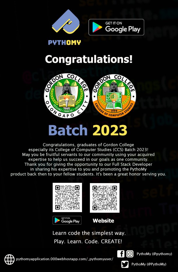 PythoMy's tweet photo. Congrats, Gordon College Batch 2023! We are proud of you graduates who will be the new people who will make our communities better. π¨βππ©βπ
#Graduation #GordonCollege #GordonCollegeCCS #TatakGC #TatakGCCCS #PythoMy #Programming #Coding #Python https://t.co/c0C57YvhkH