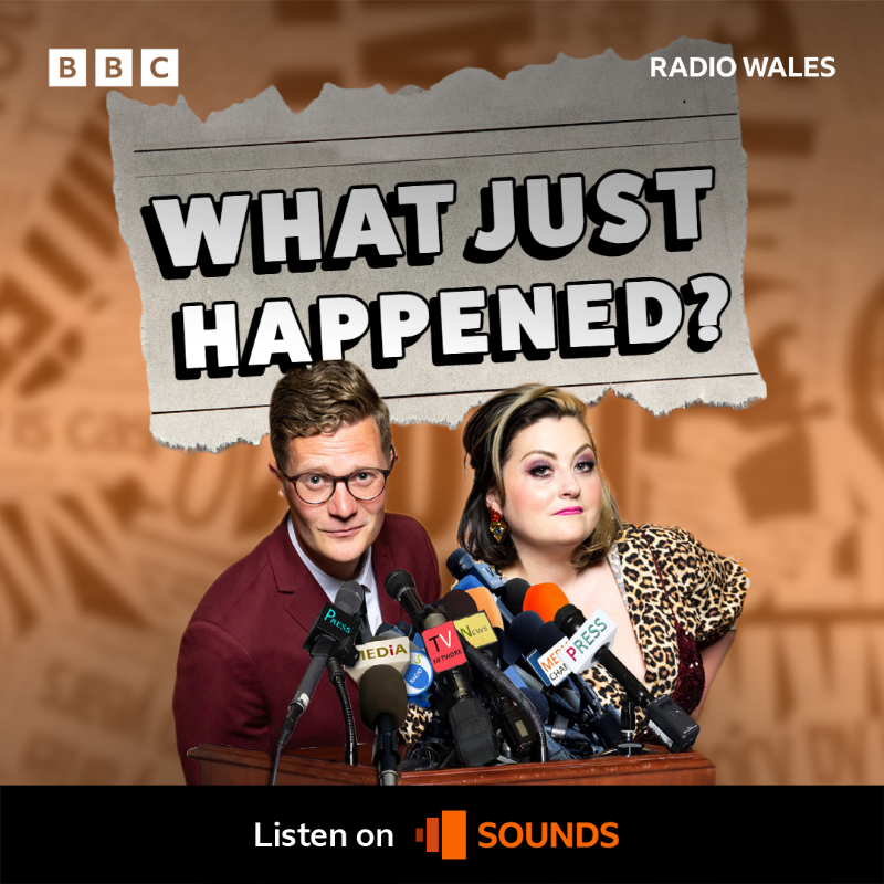 BBCRadioWales's tweet photo. Five funny folks get their teeth into this week's news from Wales and the world.

🔸 What Just Happened?

🎙️ Your host @RobinJayMorgan

⭐ Your panel @EllieJaneTaylor @KiriPritchardMc @LeroyBrito @Tudur
