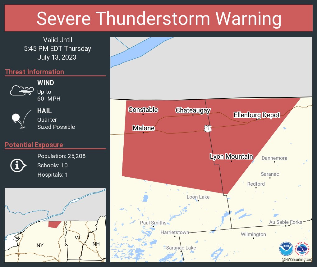 NWS Burlington on Twitter "Severe Thunderstorm Warning including Malone NY, Chateaugay NY and