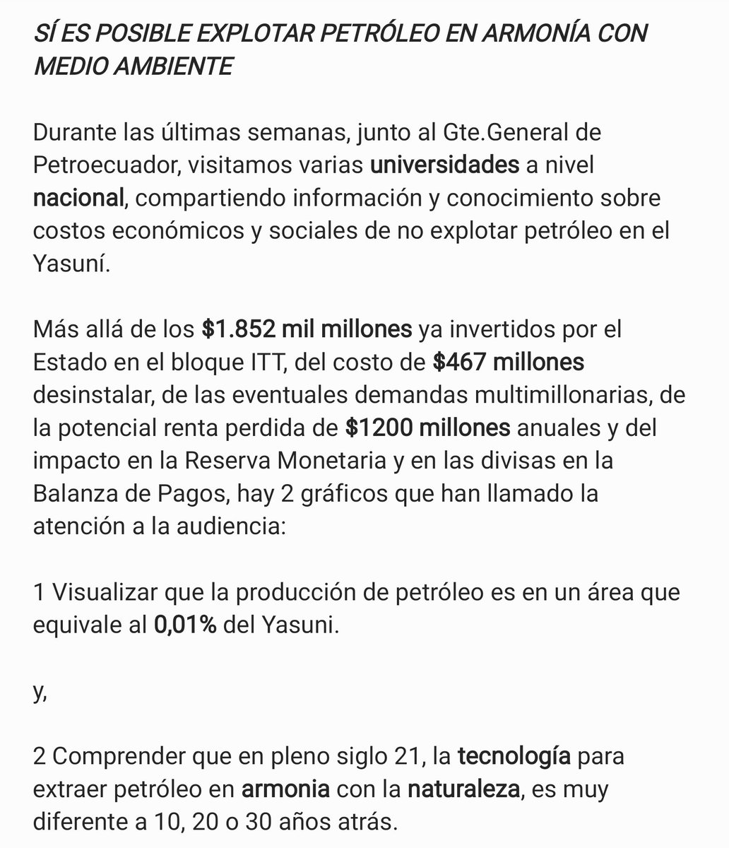 SÍ ES POSIBLE EXTRAER PETRÓLEO EN ARMONÍA CON NATURALEZA

Más allá de los $1.852mm ya invertidos por el Estado en bloque ITT, del costo de $467mm al desinstalar, eventuales demandas, potencial renta perdida de $1200mm anuales y del impacto en la Reserva  y divisas en BdP, etc: