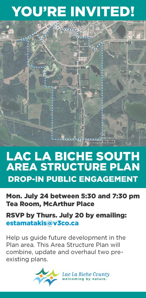 Help us create the new Lac La Biche South Area Structure Plan, which will overhaul two pre-existing plans and set the stage for future development. If you plan to attend our drop-in engagement session on July 24, please RSVP by Thursday the 20th by emailing estamatakis@v3co.ca!