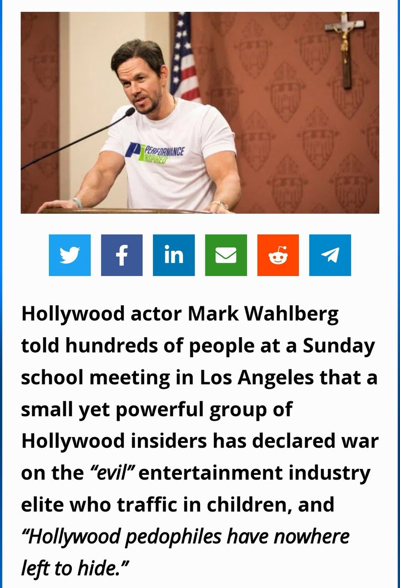 “We are hunting these evil sons of bitches down and taking them out, one blood drinking pedophile at a time,” Wahlberg said, before warning the congregation to expect some disturbing news on the front page of newspapers in the near future.