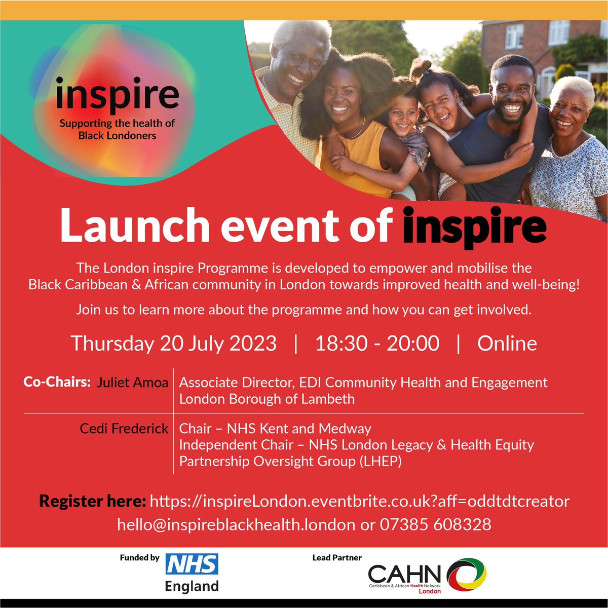 Charles Kwaku-Odoi DL MFPH (@charleskod) on Twitter photo 🚨Programme 🚀👇🏾 🚨
The Co-Chairs of <a href="/LDNinspire_/">LDN Inspire</a> Juliet Amoa and <a href="/CediArticle/">Cedi Frederick 💙💚</a> and Delivery Lead <a href="/cahn_uk/">Caribbean & African Health Network</a> are excited to invite you to the launch event!
AIM: inspire is about supporting the health of Black Londoners!
🗓️ Thursday 20/07/2023
🕰️ 6:30-8pm
inspireblackhealth.london/event/ 🚨Programme 🚀👇🏾 🚨
The Co-Chairs of <a href="/LDNinspire_/">LDN Inspire</a> Juliet Amoa and <a href="/CediArticle/">Cedi Frederick 💙💚</a> and Delivery Lead <a href="/cahn_uk/">Caribbean & African Health Network</a> are excited to invite you to the launch event!
AIM: inspire is about supporting the health of Black Londoners!
🗓️ Thursday 20/07/2023
🕰️ 6:30-8pm
inspireblackhealth.london/event/