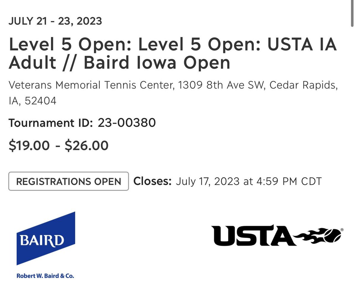 For all of my Iowa tennis people (and beyond), still a few days left to sign up for the Baird Iowa Open Adults. 2023 features prize 💰 for the open events! Register ➡️ playtennis.usta.com/Competitions/c…