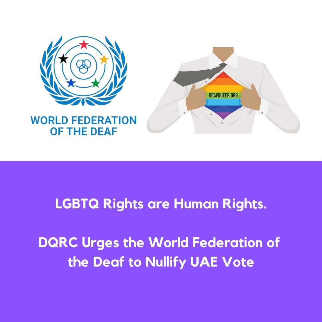 DQRC urges the <a href="/WFDeaf_org/">World Federation of the Deaf</a> to rescind or nullify recent UAE vote.  

Statement: facebook.com/photo/?fbid=66…

#WFD #WFDLGBTQ #DeafLGBTQ #DeafQueer #LGBTQ #DeafLGBTQRights #DeafQueerRights