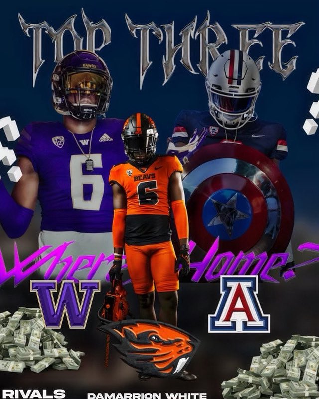 🚨Top Three 🚨

Three ⭐️ DE Damarrion White has a Top 3 including Washington, Oregon St and Arizona 

White is expected to make a decision soon 👀 Where will he go?