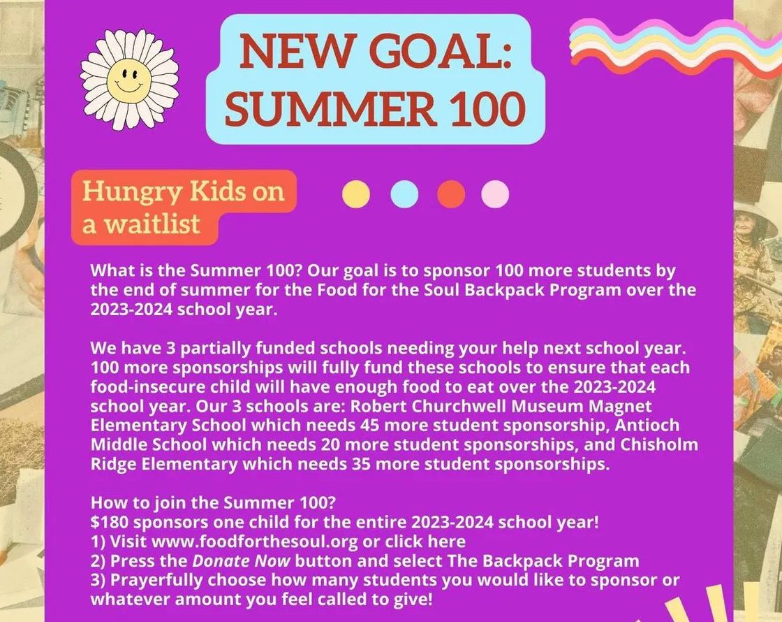 #SUMMER100 ☀️

The 2023-2024 school year is coming soon and #FFTS is calling the community to come together and feed our neighbors in need. We believe that Together We Can Make A Difference in our community!

Click linktr.ee/foodforthesoul and select “The Backpack Program” 🟣