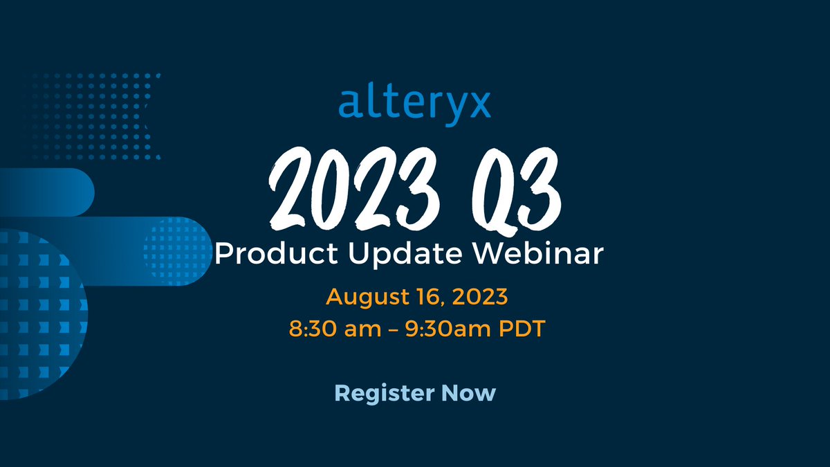 alteryx's tweet image. 📢 Exciting News! Join us for the Alteryx 2023 Q3 Quarterly Product Update Webinar on August 16.

🚀 Discover new product features, enhancements, and innovations.

🎟️ Click &apos;Yes&apos; via this link: ow.ly/cvs950P9X8t

#AnalyticsCloud #AlteryxAiDIN #DataCloud