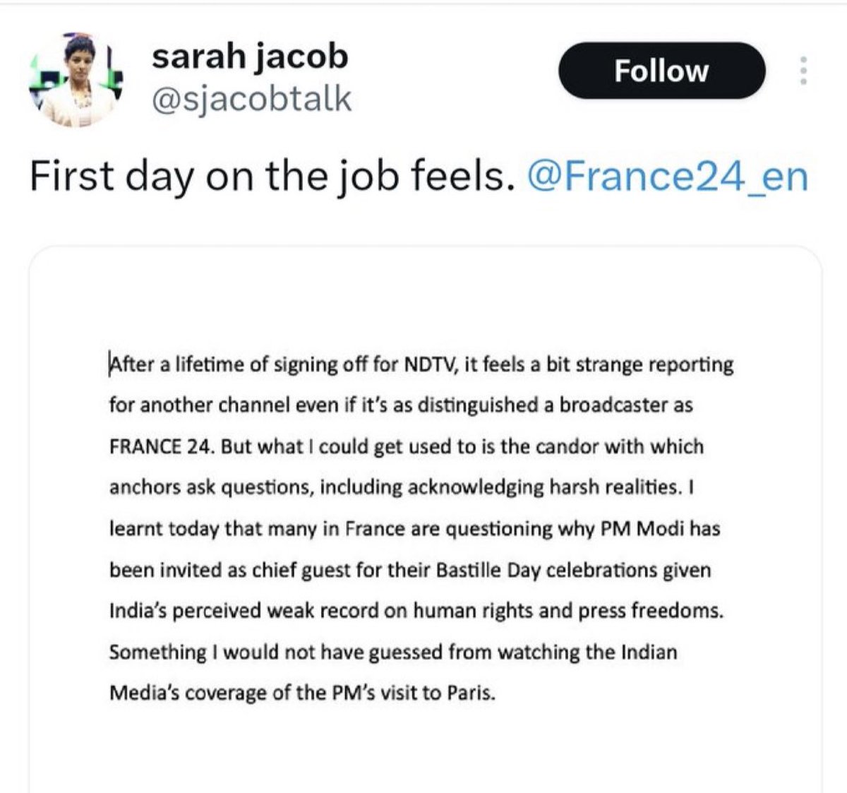 You can take Sarah Jacob out of NDTV, but you can’t take the biased narratives out of her. 
Nope, this is not journalism. This is gutter level regurgitation by just another Modi hater. 
After all Montek Ahluwalia’s daughter in law, I guess we should not expect anything halfway