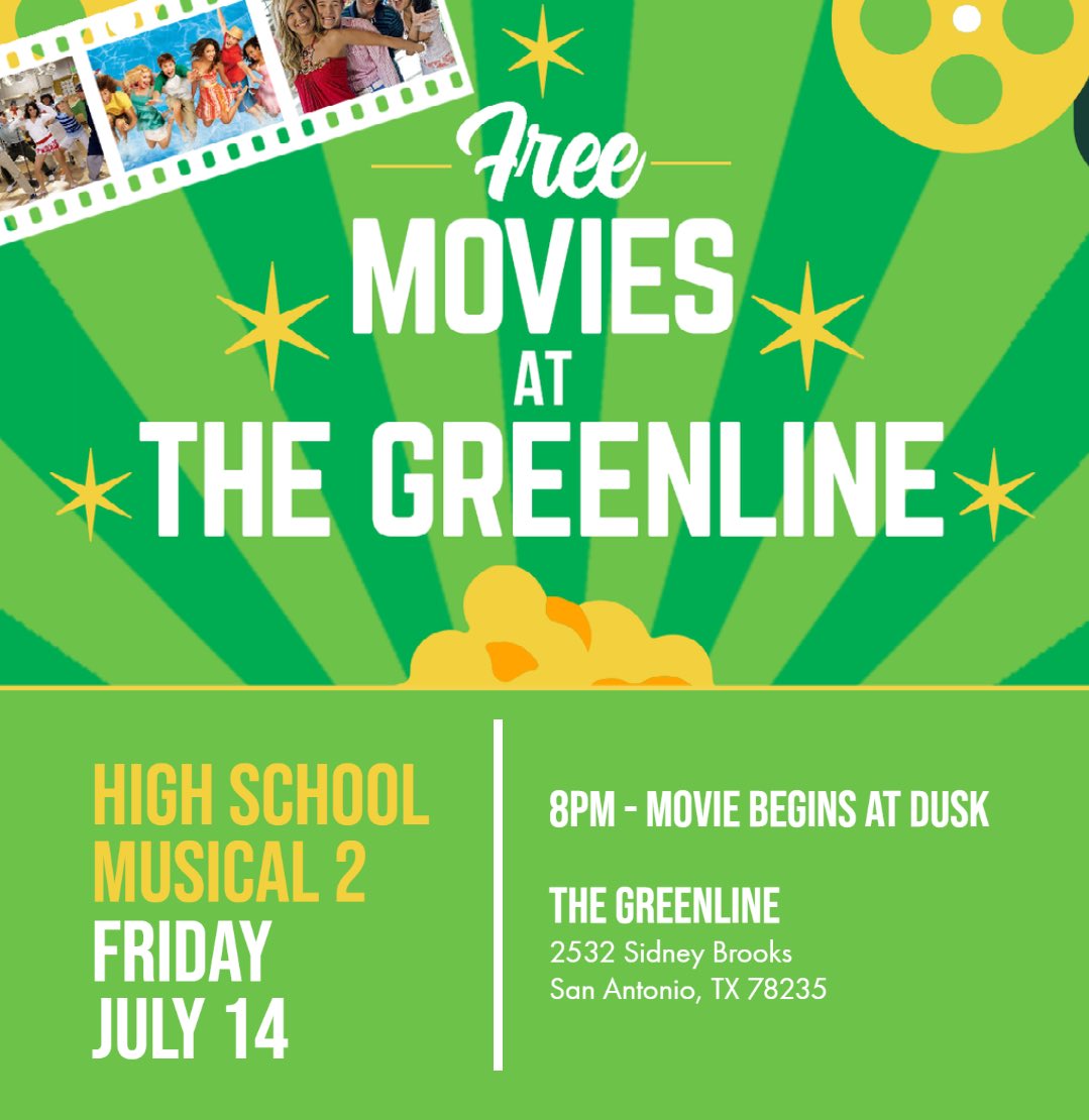 What time is it? Party time! 🎉 Join us for a FREE showing of High School Musical 2. Enjoy popcorn courtesy of <a href="/CityBaseSA/">City Base Cinemas San Antonio</a> and food for purchase from WienerVille. Bring your chairs, blankets, and furry friends for a fun-filled evening. See you there! 😎 #greenlinesa #satx #hsm2