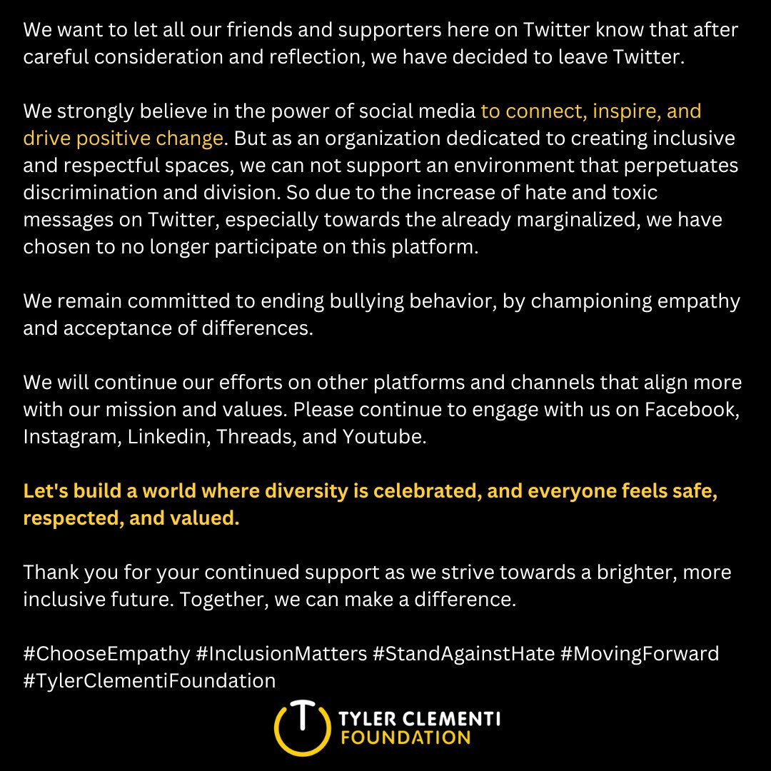 📢 Important Announcement: Our Departure from Twitter 🌐

#ChooseEmpathy #InclusionMatters #StandAgainstHate #MovingForward #TylerClementiFoundation