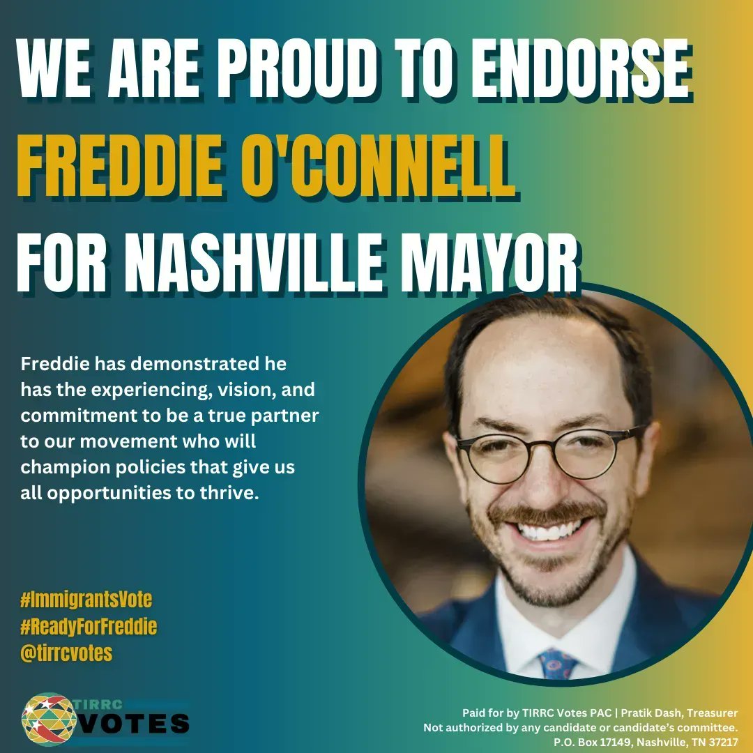 TIRRCVotes's tweet photo. We need a mayor in Nashville who has the experience, vision, and commitment to deliver on day one for immigrant and refugee families. That’s why we’re proud to endorse Freddie O’Connell for Nashville Mayor. #ReadyForFreddie #ImmigrantsVote 💪🏽 ✅ 👉🏿 https://t.co/0qPzSI5RU1 https://t.co/YFlQ28YrQk