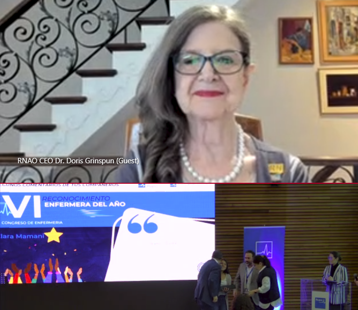 rpintornao's tweet photo. Happening Now: La Dra @DorisGrinspun, gerente general de @RNAO, se hace presente en el VI Congreso de Enfermería @BupaChile de forma remota. 
#BPSO https://t.co/6jw5C2C2FN