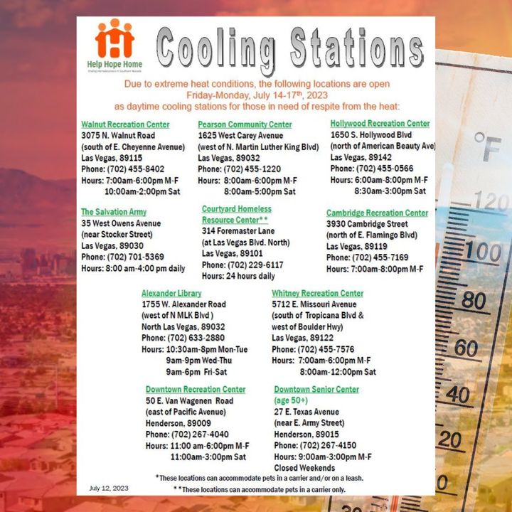 ClarkCountyNV's tweet image. #ATTENTION! The Las #Vegas valley remains under an #ExcessiveHeatWarning. Cooling stations activate Fri 7/14-Mon 7/17.

The list has been updated to reflect where people w/pets can go. Service animals are always permitted inside of County locations, other animals are not.