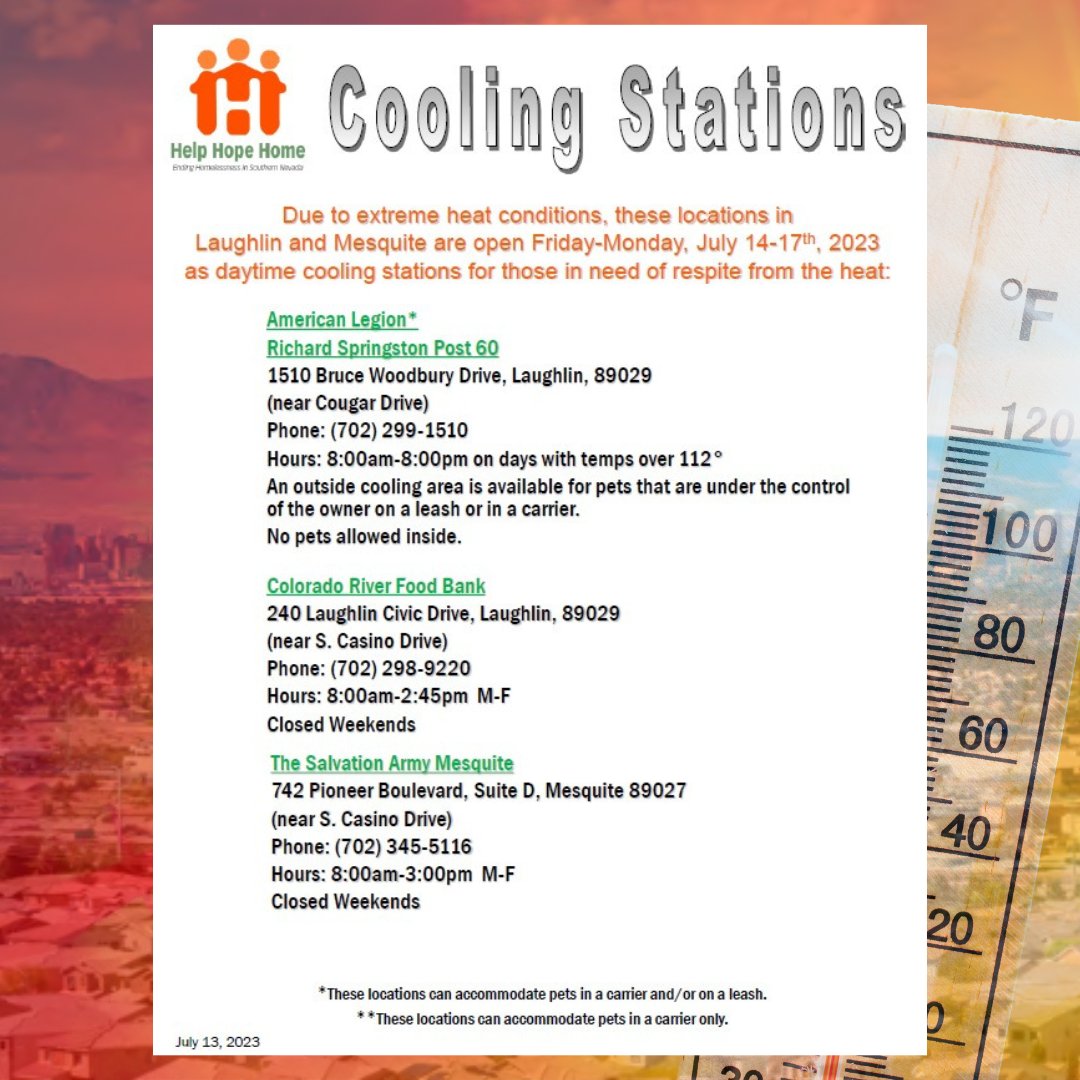 ClarkCountyNV's tweet image. #ATTENTION! The Las #Vegas valley remains under an #ExcessiveHeatWarning. Cooling stations activate Fri 7/14-Mon 7/17.

The list has been updated to reflect where people w/pets can go. Service animals are always permitted inside of County locations, other animals are not.