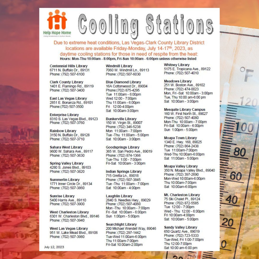 ClarkCountyNV's tweet image. #ATTENTION! The Las #Vegas valley remains under an #ExcessiveHeatWarning. Cooling stations activate Fri 7/14-Mon 7/17.

The list has been updated to reflect where people w/pets can go. Service animals are always permitted inside of County locations, other animals are not.