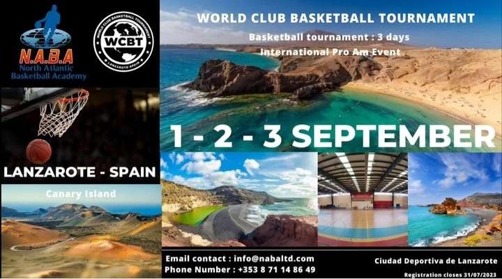 WorldclubBbal's tweet photo. Opportunity for senior men and teams.

North Atlantic Basketball Academy-NABA  are looking for  teams  to join their inaugural World Club Basketball Tournament , held in Lanzarote Spain 🇪🇸 

1st , 2nd ,3rd Sept 2023 

For more info DM - or visit website 

https://t.co/33YtWYJEJz https://t.co/bG3w4XANft