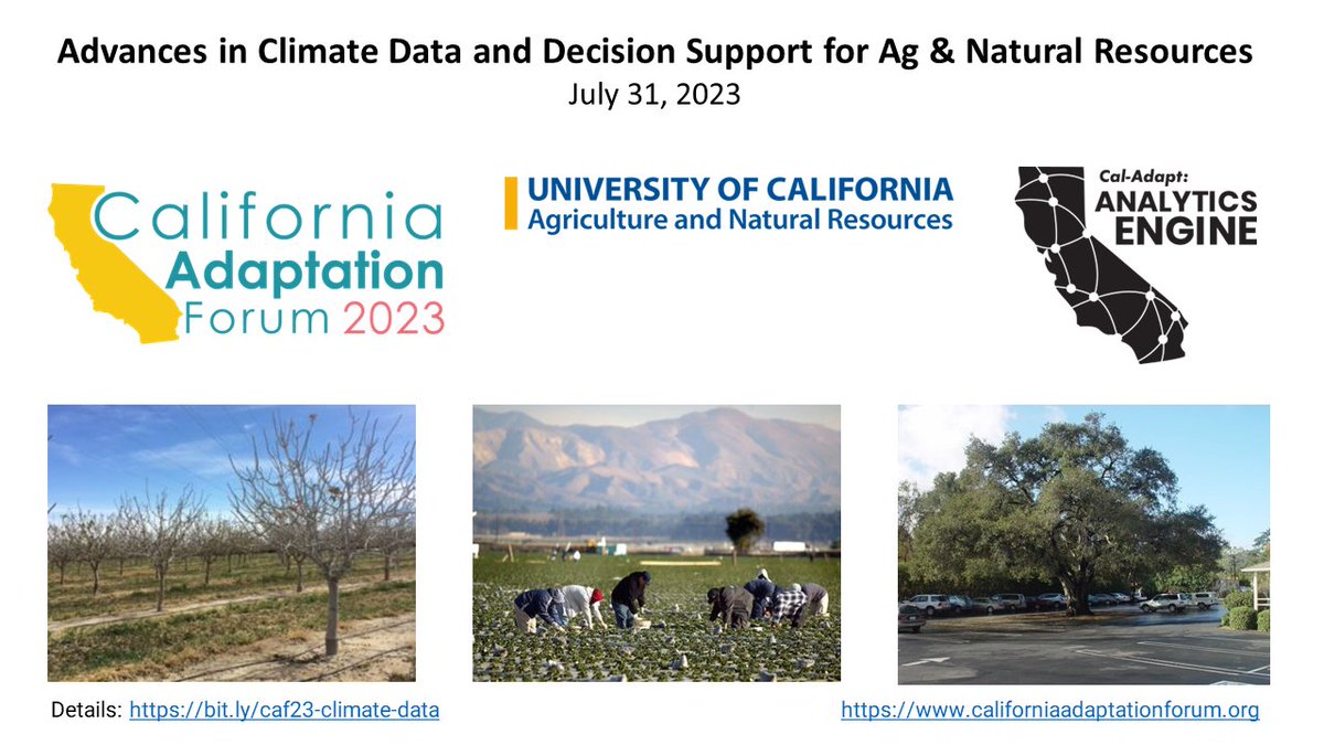 Interested in the next generation of downscaled climate data from Cal-Adapt, and what researchers, industry, and agencies are hoping to do them? Check out this pair of  pre-conference workshops from <a href="/Cal_Adapt/">Cal-Adapt</a> and <a href="/ucanr/">Ag&Natural Resources</a> at the California Adaptation Forum! ucanr.edu/b/~vuE