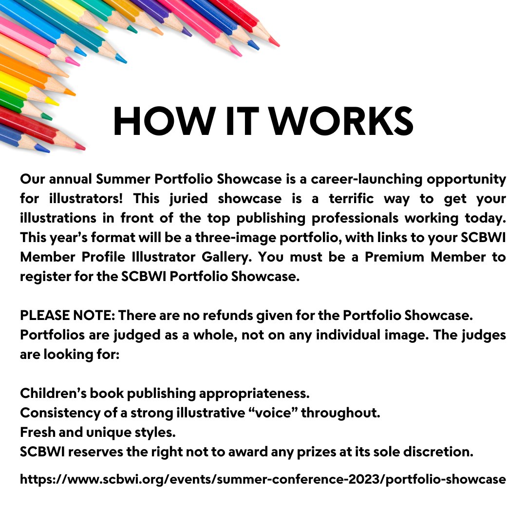 scbwi's tweet image. Are you looking for a way to get your art in front of industry professionals? Submit to our Portfolio Showcase! 🏆 🎨

scbwi.org/events/summer-…

#kidlitart #childrensbookillustrator #artistopportunity #SCBWI #scbwiSummer23