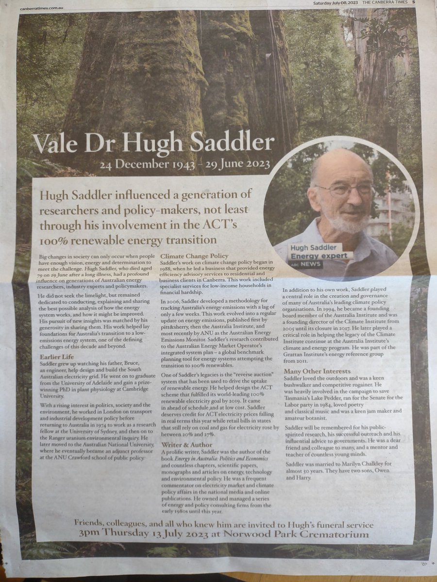 phez7's tweet photo. Vale Hugh Saddler

Yesterday we said goodbye to Hugh, a giant and leading thinker in the Australian energy and climate change movement.  Hugh was my first "real" employer at Energy Strategies Pty Ltd, helping set the bar for my ambition and integrity ever since

He will be missed https://t.co/lGL8RIyfBl