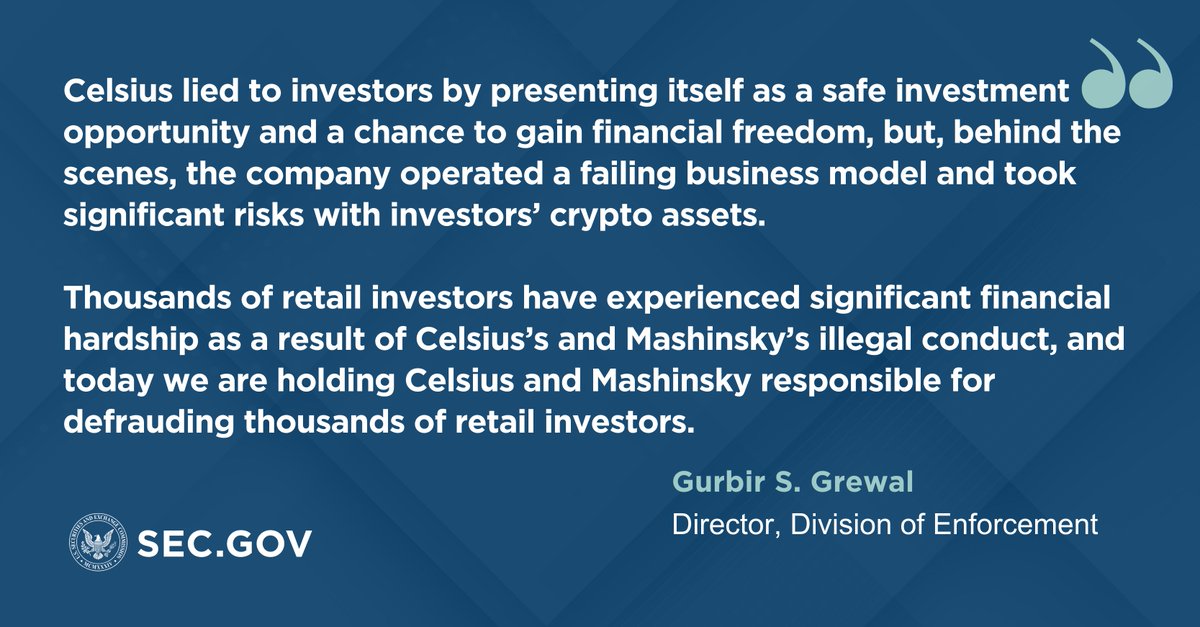 Today we charged Celsius and its Alex Mashinsky with fraud and the unregistered offer and sale of securities.
 
sec.gov/news/press-rel…