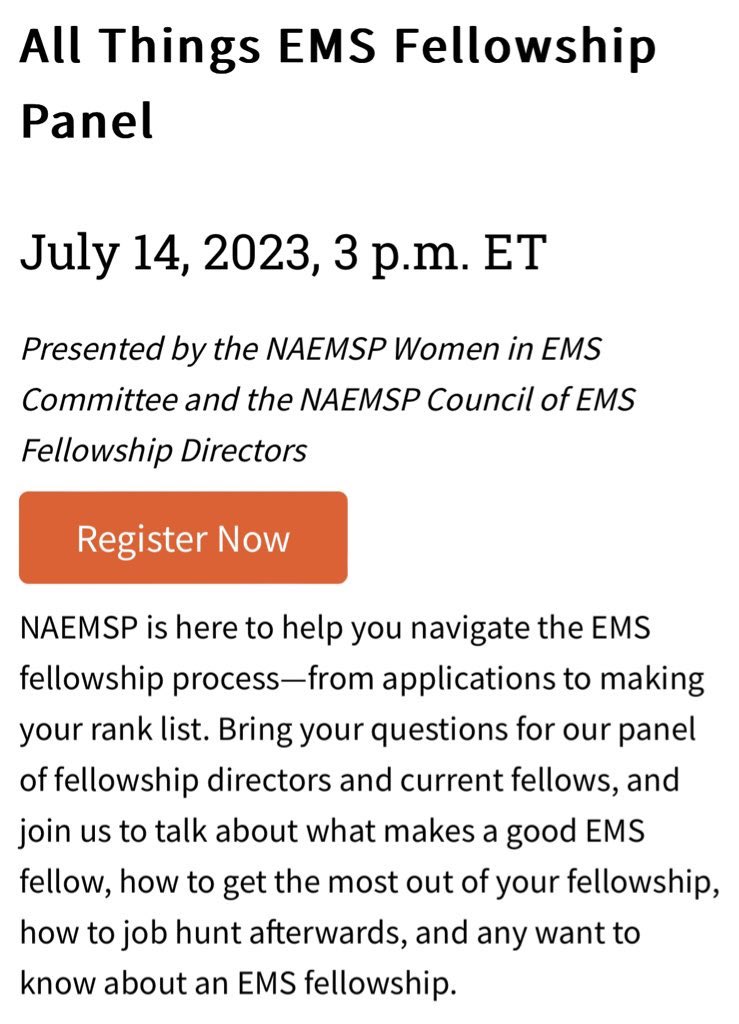 Interested in an EMS Fellowship?? Join us on July 14 for the All Things EMS Fellowship Panel! Our very own EMS Fellowship Director, Dr. Craig Cooley will be one of the panelists! Direct registration link: ucdenver.zoom.us/meeting/regist… Website: naemsp.org/resources/webi…