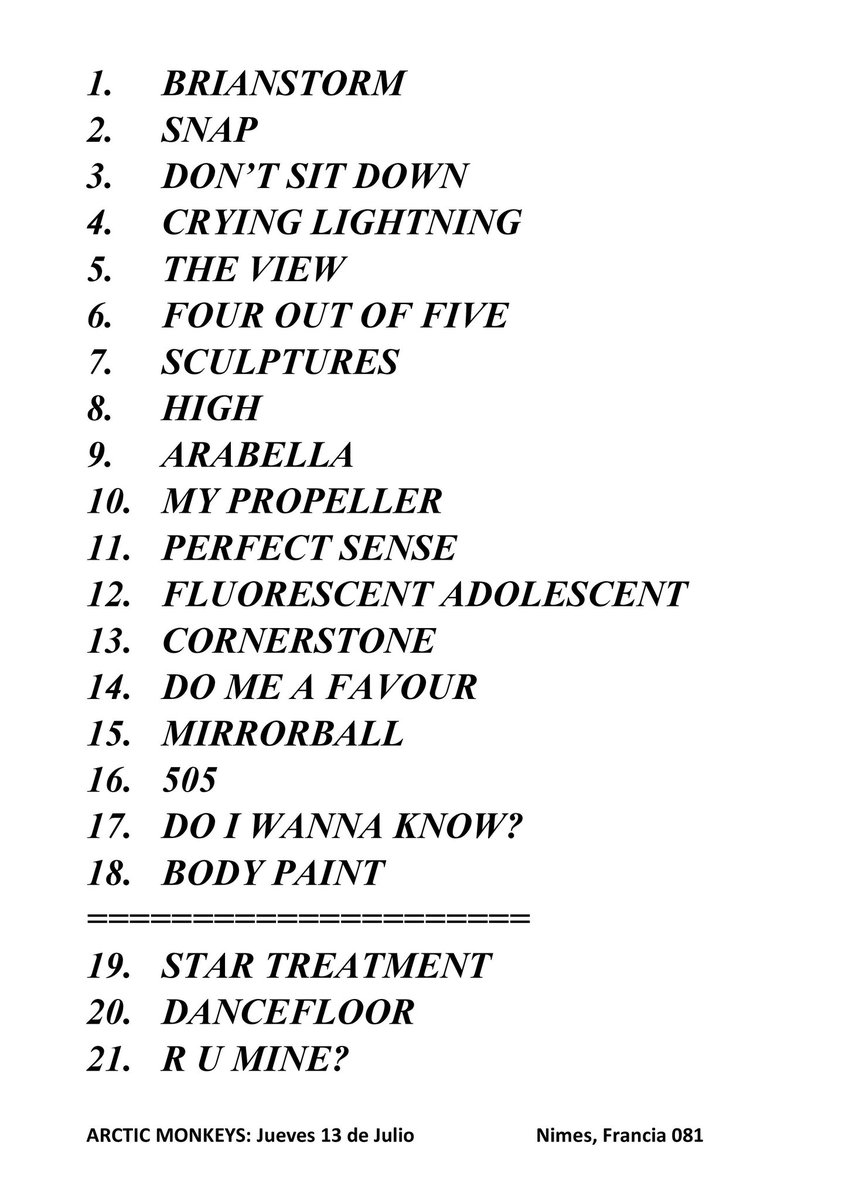 AnnexMonkeys's tweet photo. Arctic Monkeys. 
🌍 Gira The Car (Europa)
📍 Festival de Nimes
🇫🇷 Nimes, Francia
📆 Jueves 13 de Julio, 2023
#️⃣ Recital Número 081

Nota: Regresa "Perfect Sense" a el SetList después de algunas fechas de su ausencia, y "Star Treatment" va a el encore. 

¡UNA BELLEZA DE SETLIST!💗 https://t.co/hdEdhWefIz
