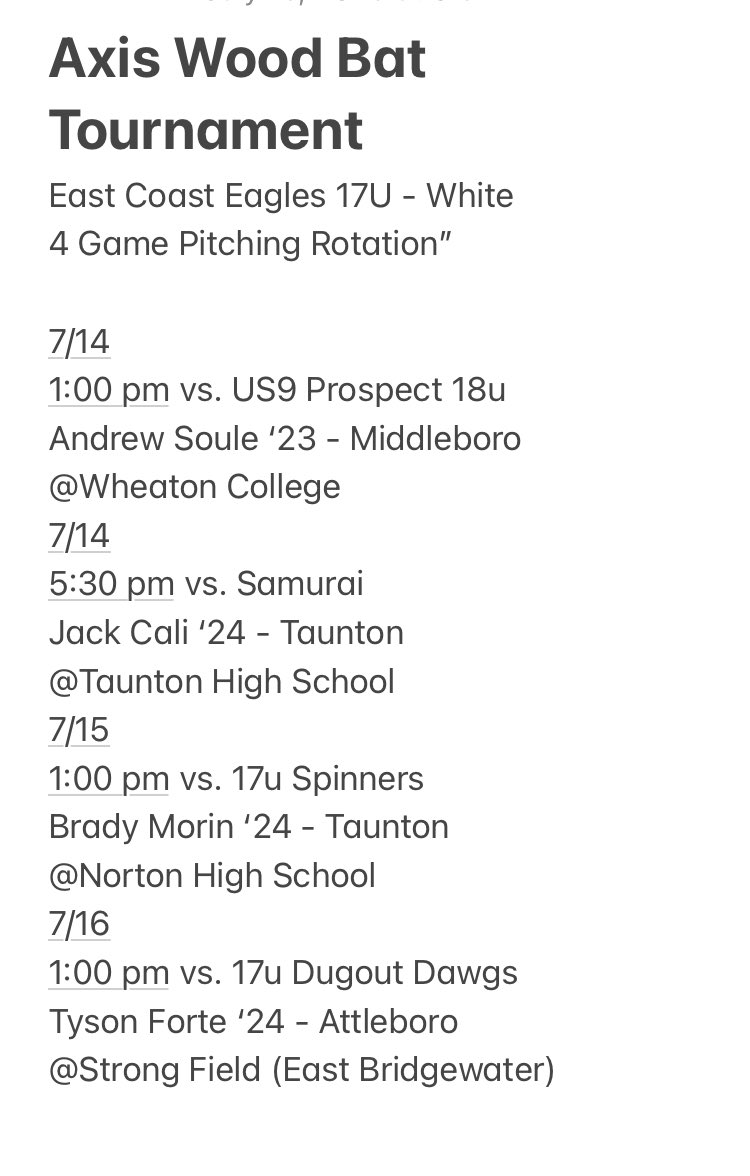 Mike Cali (@super_cali1) on Twitter photo <a href="/ECEaglsBsb/">East Coast Eagles</a> 17u White baseball pitching rotation for this weekend Axis Bat Tournament. <a href="/brady_morin8/">Brady Morin</a> <a href="/Jack_Cali7/">Jack Cali</a> <a href="/TysonForte/">Tyson Forte</a> <a href="/SouleAndrew/">Andrew Soule</a> <a href="/DirtyTBaseball/">Taunton Baseball</a> @AHSbaseball2023 <a href="/SachemsBaseball/">Middleboro Sachem Baseball</a> <a href="/SUNYPolyBASE/">SUNY Poly Baseball</a> <a href="/ECEaglsBsb/">East Coast Eagles</a> 17u White baseball pitching rotation for this weekend Axis Bat Tournament. <a href="/brady_morin8/">Brady Morin</a> <a href="/Jack_Cali7/">Jack Cali</a> <a href="/TysonForte/">Tyson Forte</a> <a href="/SouleAndrew/">Andrew Soule</a> <a href="/DirtyTBaseball/">Taunton Baseball</a> @AHSbaseball2023 <a href="/SachemsBaseball/">Middleboro Sachem Baseball</a> <a href="/SUNYPolyBASE/">SUNY Poly Baseball</a>