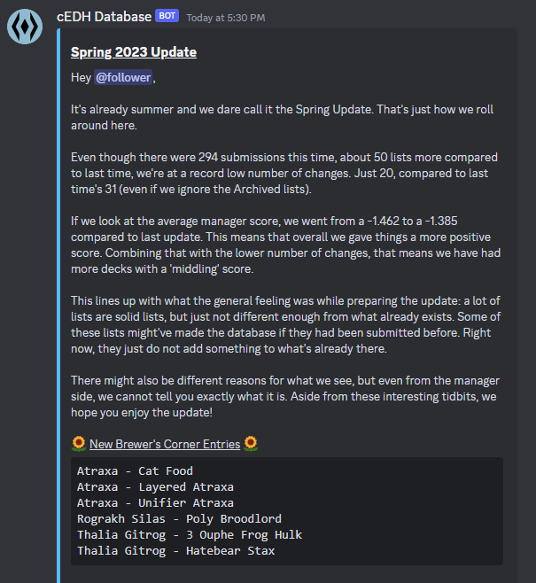 cEDH_DDB's tweet photo. JULY 2023 CEDH DDB UPDATE

https://t.co/Mr1uf3ayW2 should reflect these changes shortly. 

Note: We will not be responding to anything about the DDB on twitter. Please use the discord for discussion or feedback on submissions. Link to discord: 

https://t.co/1CyZGOfbQV https://t.co/LZXjA6KWWh