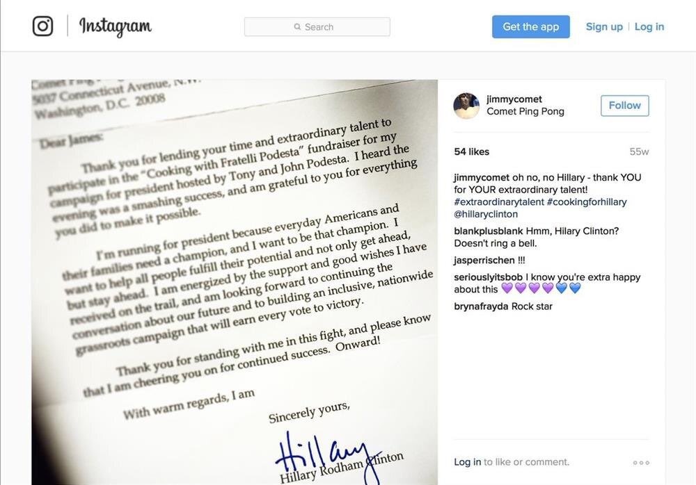 dom_lucre's tweet photo. Did you know that Hillary Clinton cooked for Comet Pizza and the Podesta brothers? The owner of the restaurant even thanked her for “her extraordinary talent.” https://t.co/7tmkx2GJfy