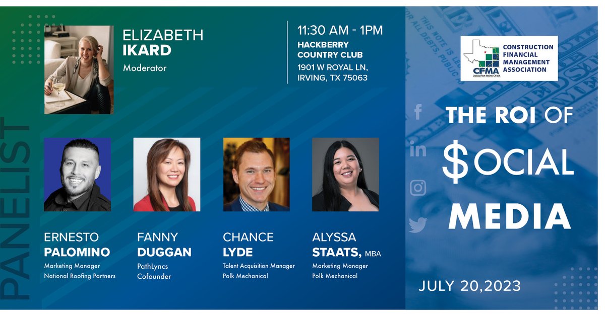 Thank you DFW CFMA for inviting our Marketing Manager Ernesto Palomino to join the conversation alongside Fanny Dunagan, Chance Lyde, and Alyssa Staats. The panel will discuss "The ROI of Social Media" Thank you Elizabeth Ikard for moderating.

Register: bit.ly/3rkAHin
