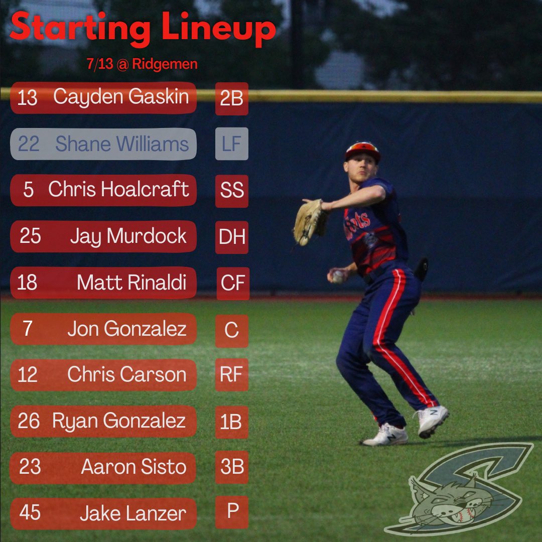 As we get closer to game time here is your Salt Cats starting lineup for tonight against the Ridgemen! First pitch will be at 6pm #rollcats 🐱