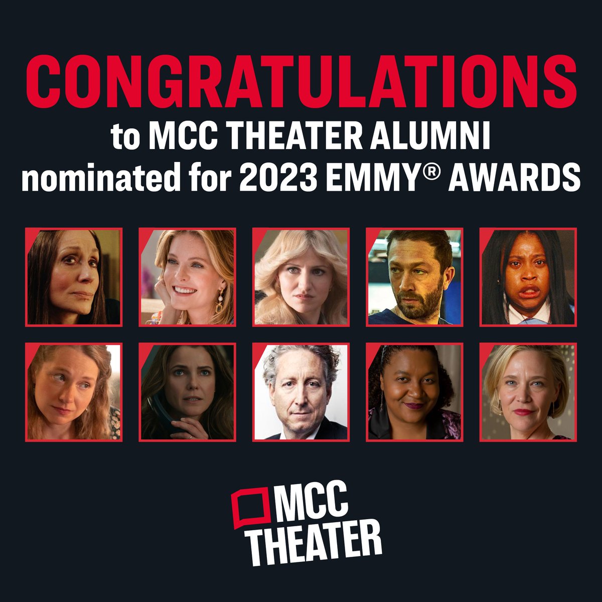 Congrats to the MCC Theater artist alums on their #EmmyAward nominations! We're proud and thrilled to be part of their artistic journey. 🎉👏 #Emmys #EmmyAwards2023 #EmmyNominations