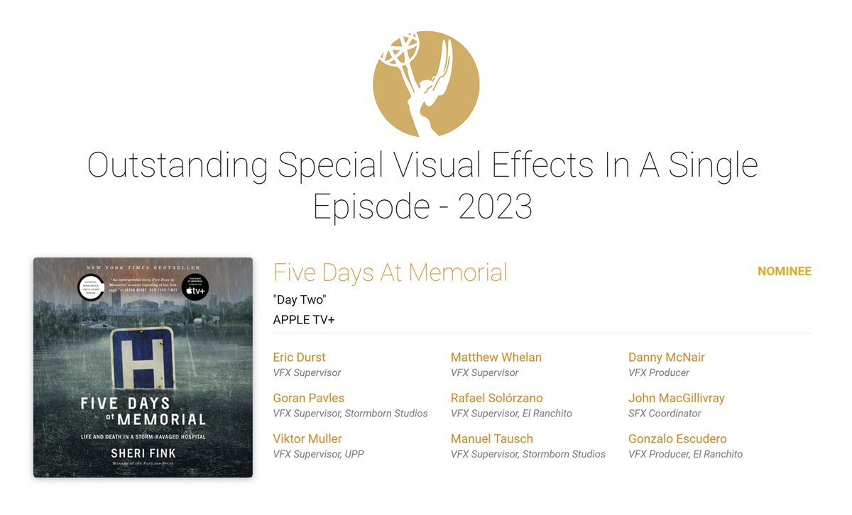 🙌🏻 Leave your repost and comments to celebrate the success of some of our wonderful members, who have just been nominated to an #EmmyAward for their Outstanding Special Visual Effects in #FiveDaysAtMemorial 🥳 (@AppleTV) #Emmys2023 #EmmyAwards #VisualEffects #VFX #AppleTV