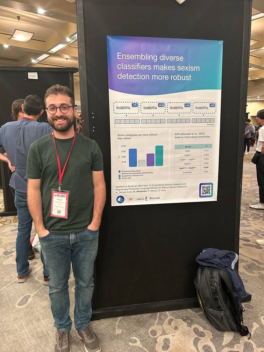 ✨ @peppeatta just presented the poster 'MilaNLP at SemEval-2023 Task 10: Ensembling Domain-Adapted and Regularized Pretrained Language Models for Robust Sexism Detection' #ACL2023NLP #SemEval2023